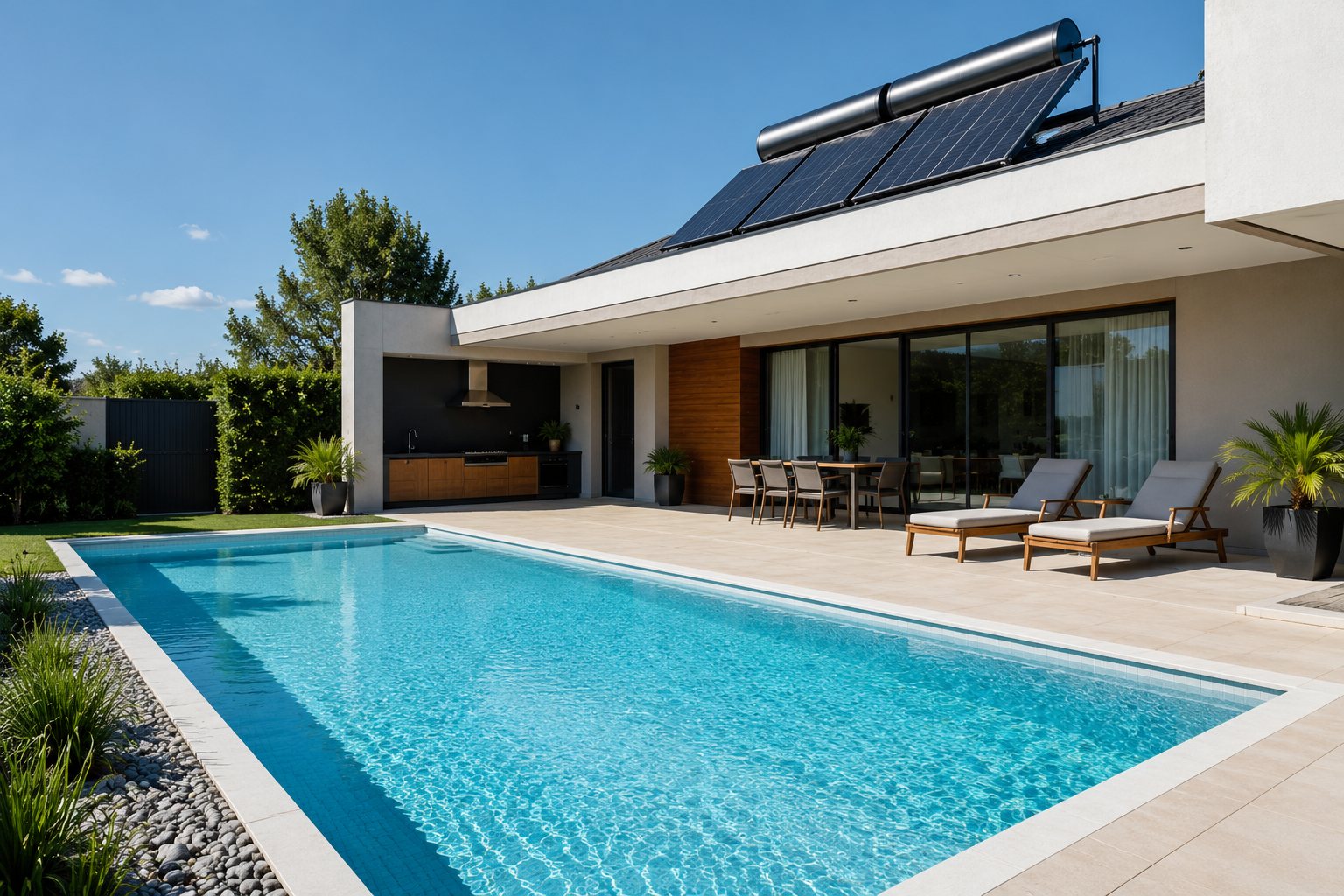 Coletores solares instalados no telhado de uma casa com piscina, aquecimento solar residencial