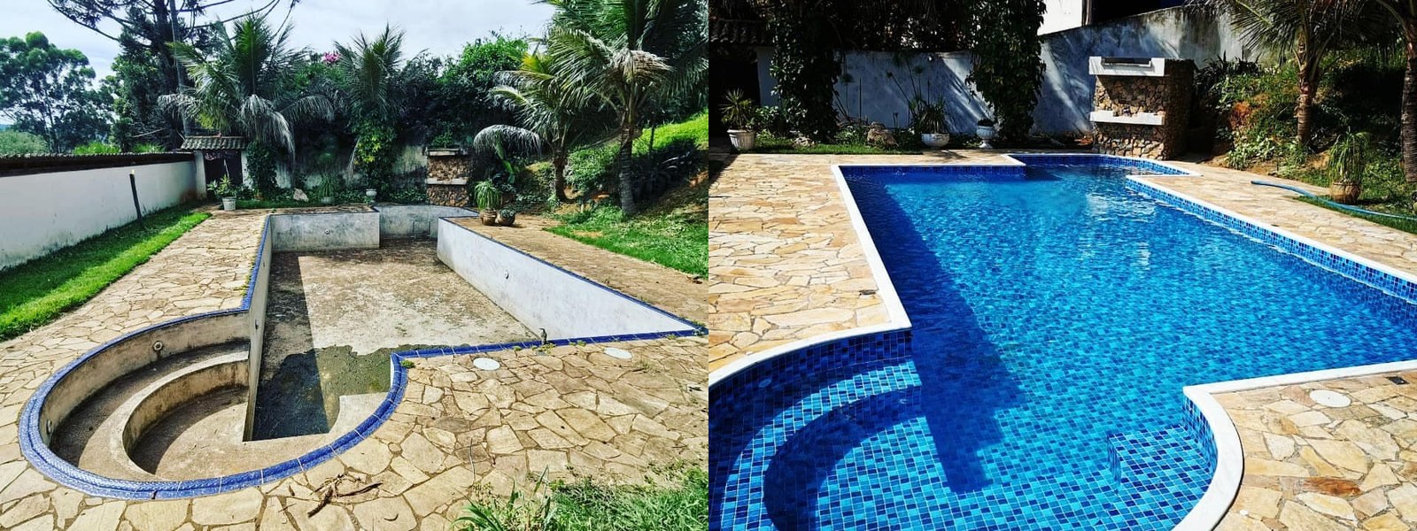 Piscina antes (vazia) e depois (revestida e cheia) da reforma, lado a lado